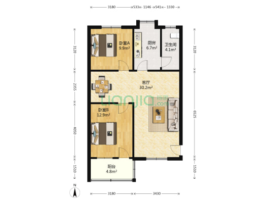 书院花园 2室1厅1卫 78平方