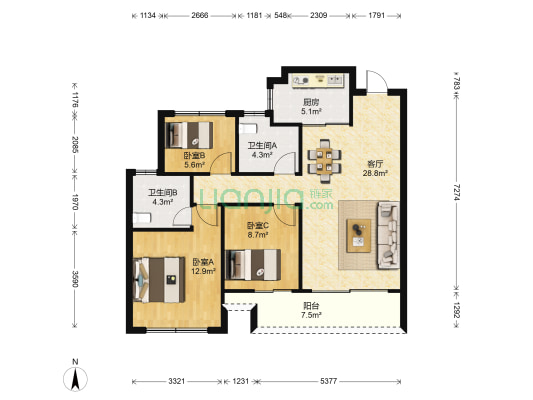 卿悦府西区 3室1厅2卫 110平方