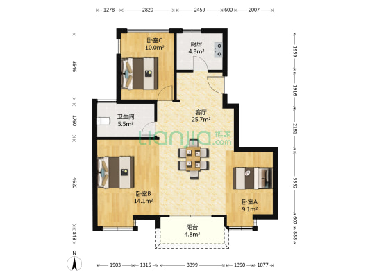 碧秀名庭 3室1厅1卫 86平方