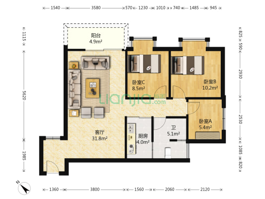 聚福大厦 3室1厅1卫 91平方
