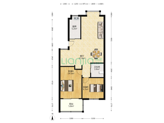 上堡公寓 2室1厅1卫 90平方