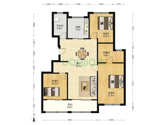 悦峰雅苑C区 3室1厅1卫 121平方