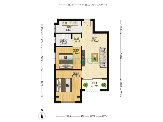 大溪地十五号院 2室1厅1卫 74平方