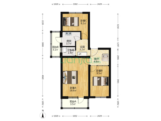 南横西街96号院 3室1厅1卫 71平方