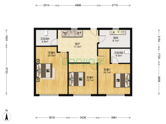 蓝宝大厦 3室1厅2卫 108平方