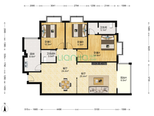 欣茂西郡兰庭A区 3室2厅2卫 129平方