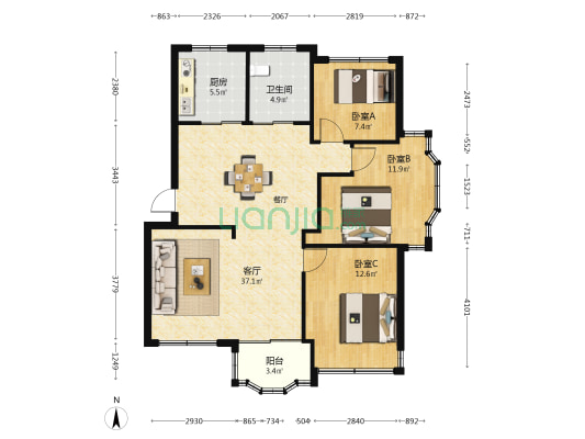 洞桥新家园 3室1厅1卫 100平方