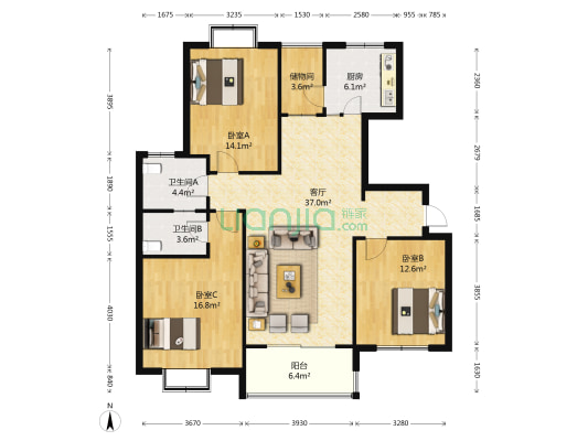 星海花园南苑 3室1厅2卫 125平方