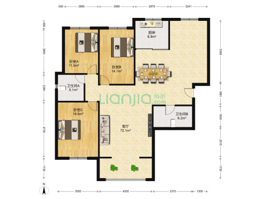 红叶城 3室1厅2卫 177平方