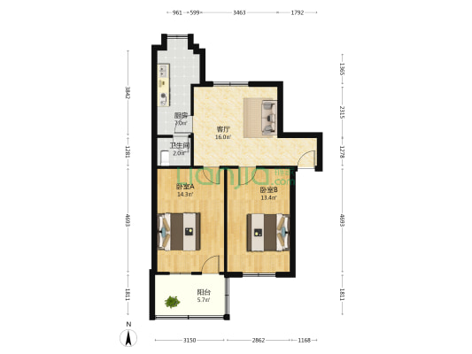 血液中心住宅 2室1厅1卫 67平方