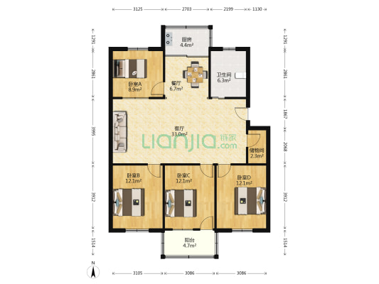 谷阳新村四区 4室2厅1卫 127平方