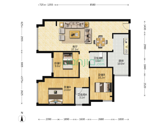 领誉三期 3室1厅2卫 108平方