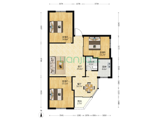 红星商住楼 3室2厅1卫 112平方