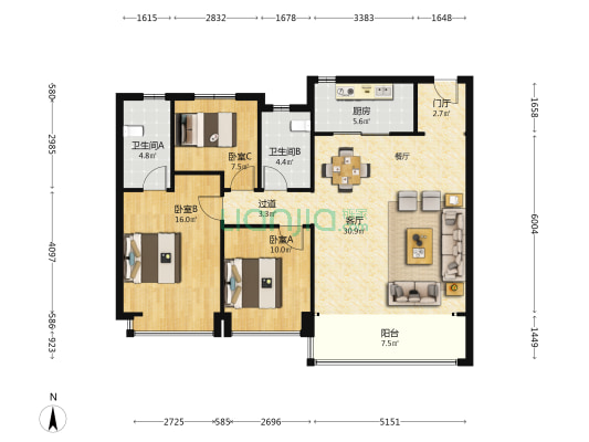 莱安万莱逸宸 3室1厅2卫 128平方