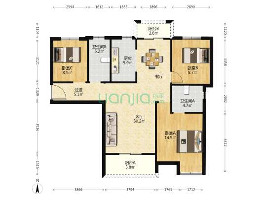 花山学府西区 3室1厅2卫 120平方