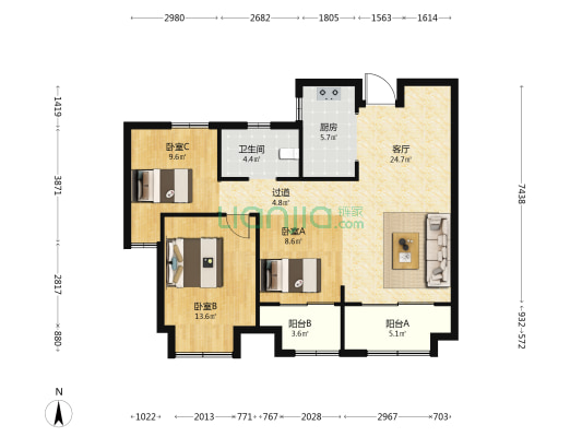东津世纪城18区文渊阁 3室1厅1卫 104平方