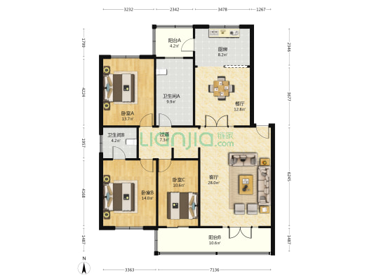庆睦小区 3室2厅2卫 150平方