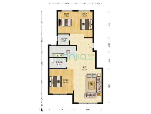 海天上园 3室1厅2卫 115平方