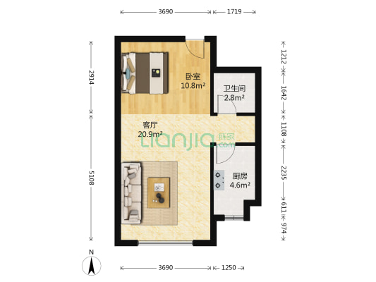 锦华苑 1室1厅1卫 53平方