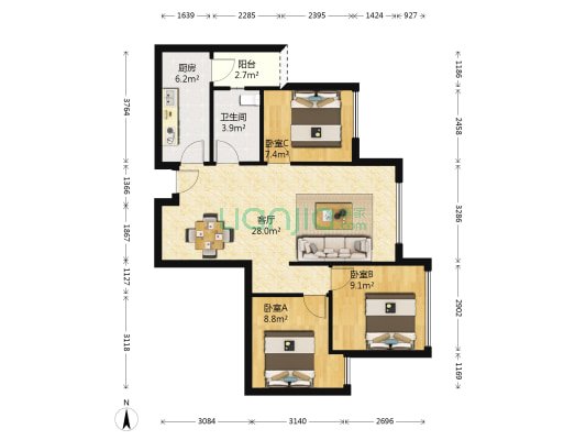 汇融广场B区 3室1厅1卫 83平方