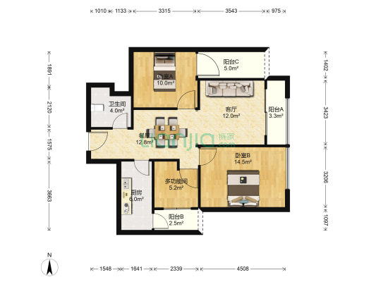 中梁博翠 3室2厅1卫 88平方