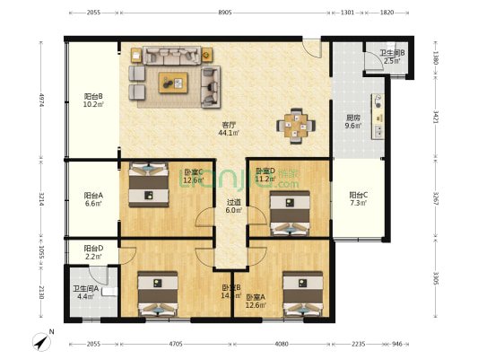人民街56号 4室1厅2卫 173平方