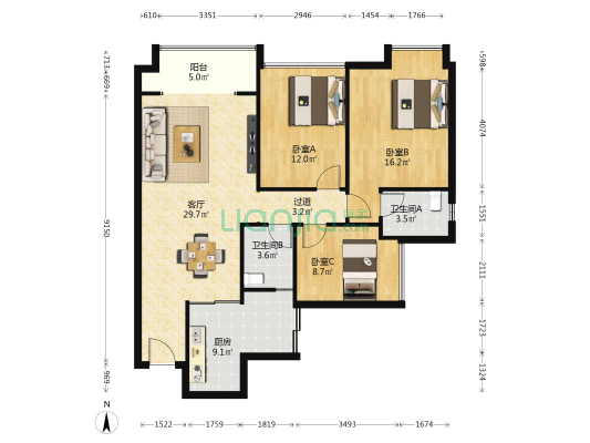 玉城家园 3室1厅2卫 109平方