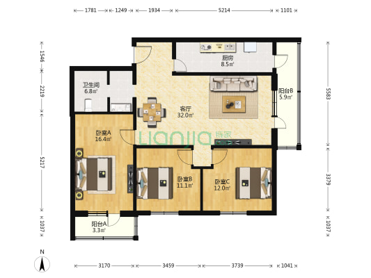 永定路甲19号院 3室1厅1卫 124平方