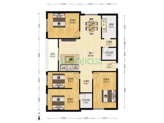 银杏苑(郫都) 4室1厅2卫 136平方