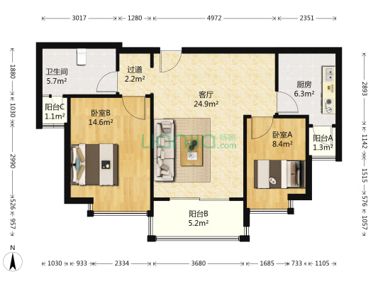 恒大绿洲三期 2室1厅1卫 86平方