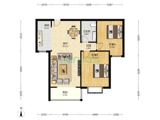 天佑家园 2室1厅1卫 103平方