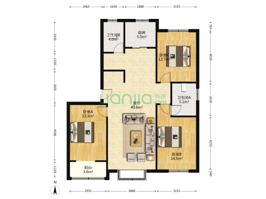 祥逸家园 3室1厅2卫 135平方