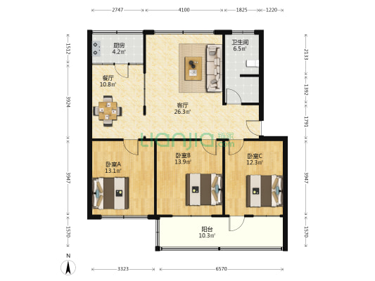 无线电管理宿舍 3室2厅1卫 108平方