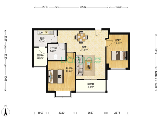 华府天地 2室1厅1卫 75平方