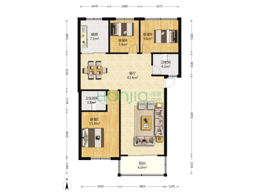 越中新天地 3室1厅2卫 120平方