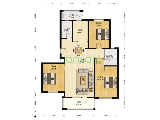 仁爱濠景庄园天景园 3室1厅2卫 130平方
