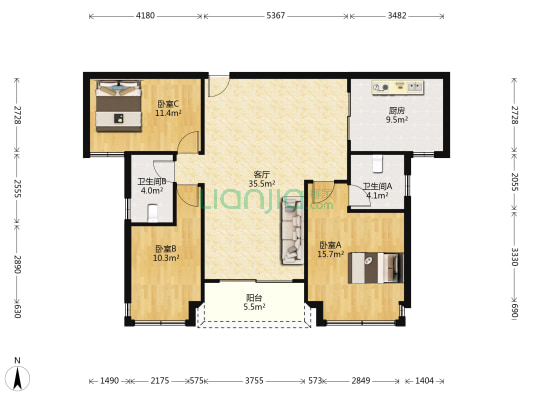 东方天城 3室1厅2卫 119平方