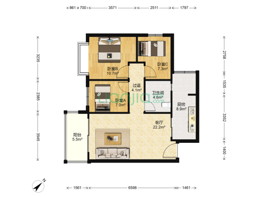 恒大世纪城三期 3室1厅1卫 89平方