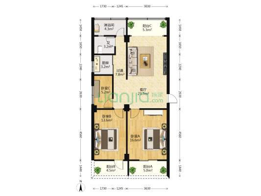 罗牛山大院 3室1厅2卫 75平方