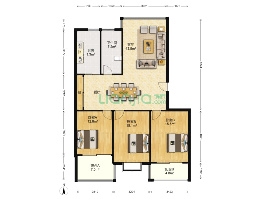 南方公寓 3室1厅1卫 143平方