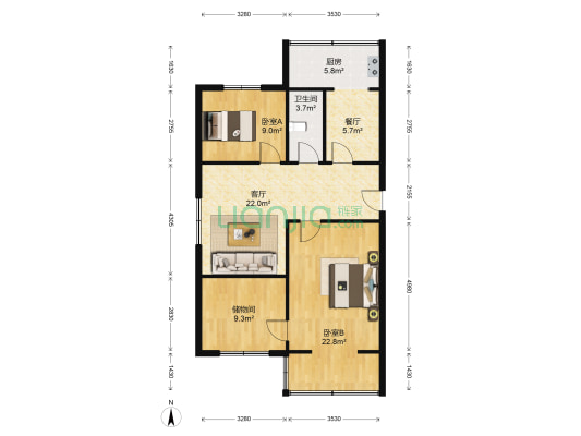 省邮电学校宿舍 2室2厅1卫 91平方