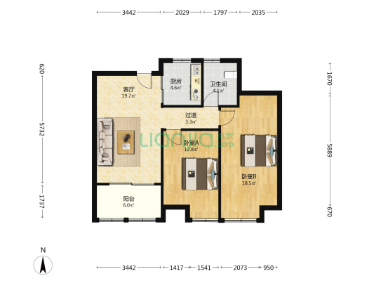 梦和苑西区 2室1厅1卫 95平方