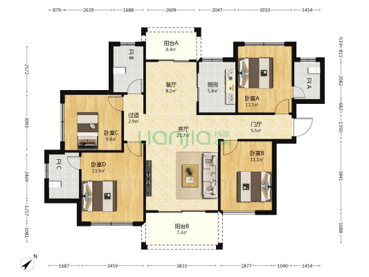 振德花园 4室2厅3卫 128平方