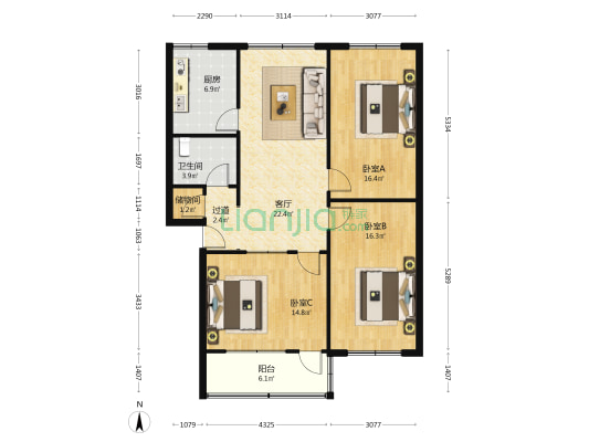 康泰路12号 3室1厅1卫 107平方
