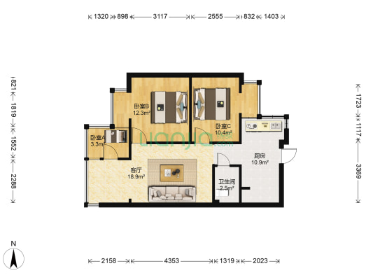 鼓楼路84号 3室1厅1卫 49平方