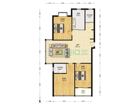 宜城路1号 3室1厅2卫 140平方