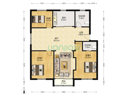 花园六村 3室1厅2卫 133平方