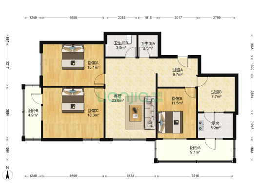 风华小区 3室1厅2卫 146平方