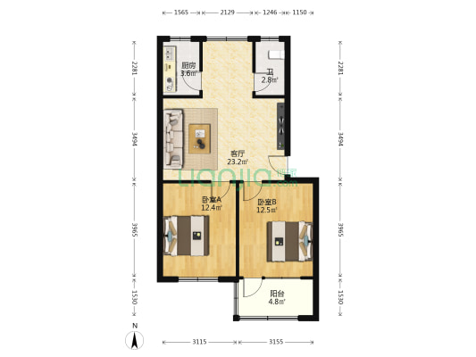 龙柏路158号 2室1厅1卫 70平方