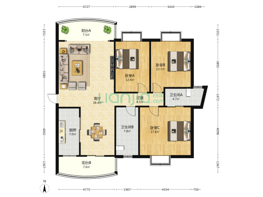 雅庄花园 3室1厅2卫 147平方
